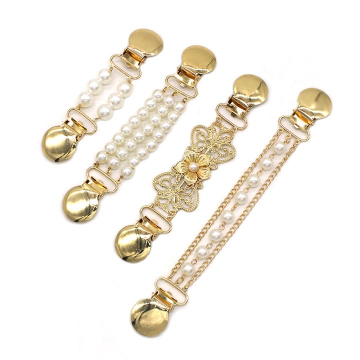 Pearls Sweater Clips Fasteners Pearl Brooch Clips Cardigan Shawl Dress Shirts Collar Back Cinch Clips for Women Girls Clothing