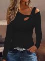 Women's Long Sleeve T-Shirt - Off-Shoulder & Asymmetric Neck - Elegant Solid Color Fall Fashion. 