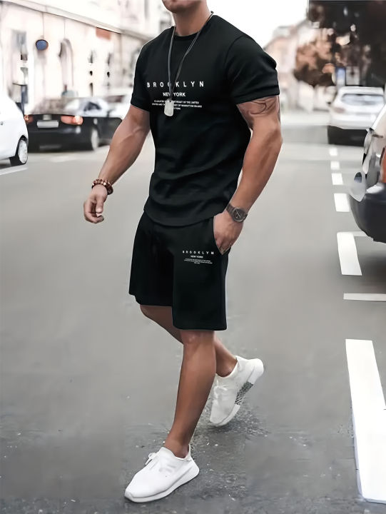 Short-sleeved shorts summer suit men's t-shirt trend printing round neck men's set with gangster handsome sports two-piece suit