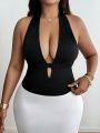 NewElegant Women  Hollow-Out Fashion Versatile Plus Size Vest Black Sleeveless Halter Neck Backless Top  Female Clothing. 