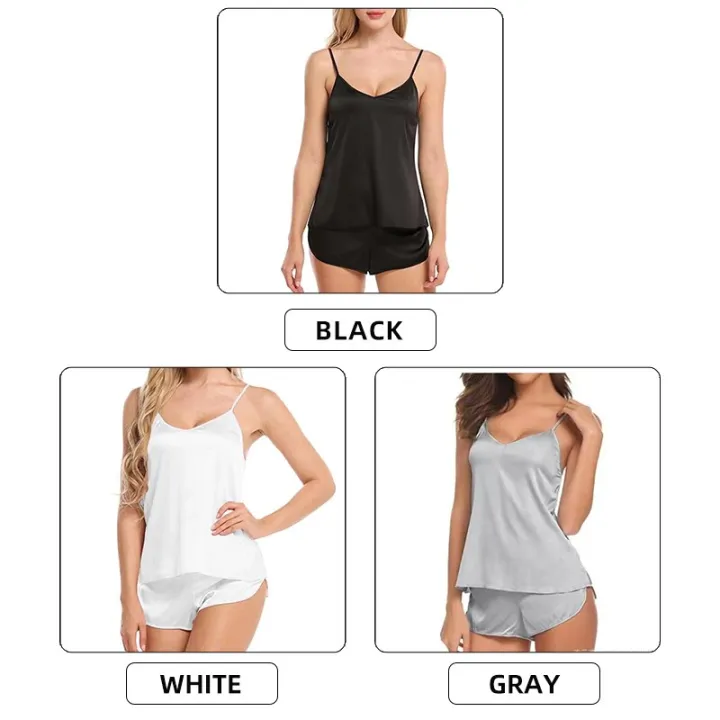 Women%20Sexy%20Ice%20Silky%20Pajamas%20Nightclothes%20Sleepwear%20Camisole%20And%20Shorts%20White%20Black%20Gray%20L%20XL%20XXL%20Comfortable%20Casual%20Summer%20-%20Image%206