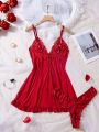  Lace Lingerie Set for Women, Red Sleepwear Nightdress with Matching Panties, V-Neck Sheer Lace Camisole, Romantic Night. 