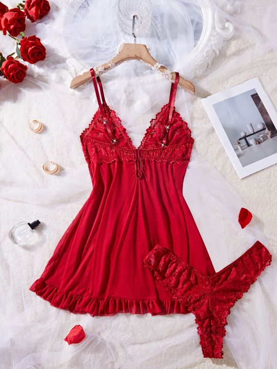 %20Lace%20Lingerie%20Set%20for%20Women,%20Red%20Sleepwear%20Nightdress%20with%20Matching%20Panties,%20V-Neck%20Sheer%20Lace%20Camisole,%20Romantic%20Night%20-%20Image%202