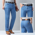 New Ice Silk Thin Denim Jeans For Men Blue Straight Stretch Cotton Pants Business Casual Lightweight Trousers Spring Summer. 