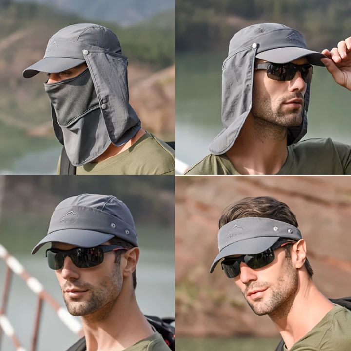 Men's Quick-Dry Hat with Detachable Face Mask and Neck Cover for Hiking Fishing Camping Breathable UV Protection Bucket Hat