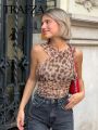 TRAFZA Leopard Print Jumpsuit Women Tulle Ruched Irregular Lady Bodysuit 2024 Summer Backless Beach Slim Halter Playsuit. 