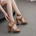 Women Brown Block Heel Sandals | Stylish Ankle Strap High Heels for Girls & Ladies. 