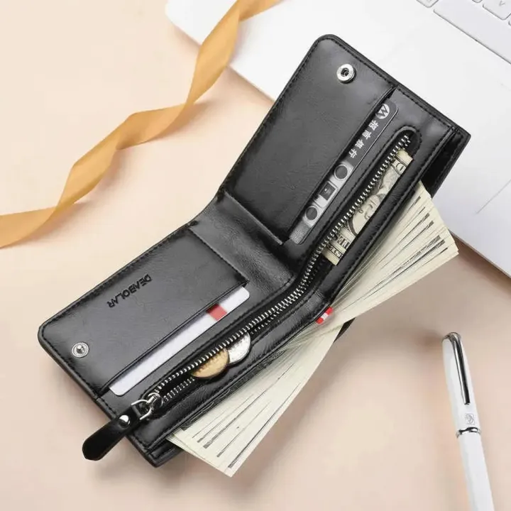 Leather Short Wallet For Men - Black