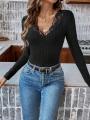 Triangle Onesie Women European and American Fashion With Lace Edge Deep V-neck Long Sleeve Slim Mid-length Base T-shirt. 