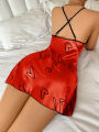 Heart   Letter Print Nightdress  Casual Round Neck Spaghetti Strap Sleep Dress  Women's Sleepwear   Dresses. 