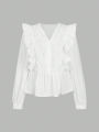 Plus Size 2025 Autumn New Arrivals Women's Casual Solid-Colour Lace-Panel Ruffled Long-Sleeved Top Fashionable and Elegant.