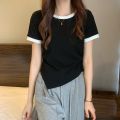 Patchwork Colors Crew Neck Crop Top Women Fashion Niche Design Short Sleeve Tee Y2K Streetwear New Summer Top Women. 