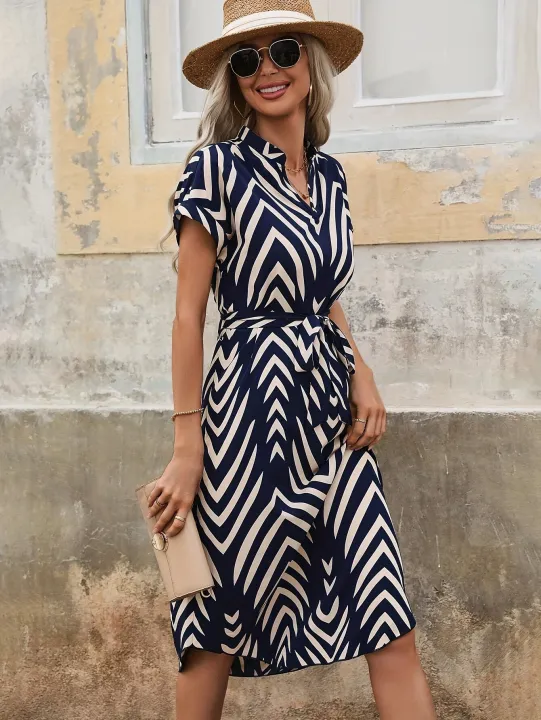 2024%20Summer%20New%20Fashion%20Clothing%20Women's%20Elegant%20And%20Casual%20V-neck%20Short%20Sleeved%20Stripe%20Belt%20Comfortable%20Dress%20-%20Image%205