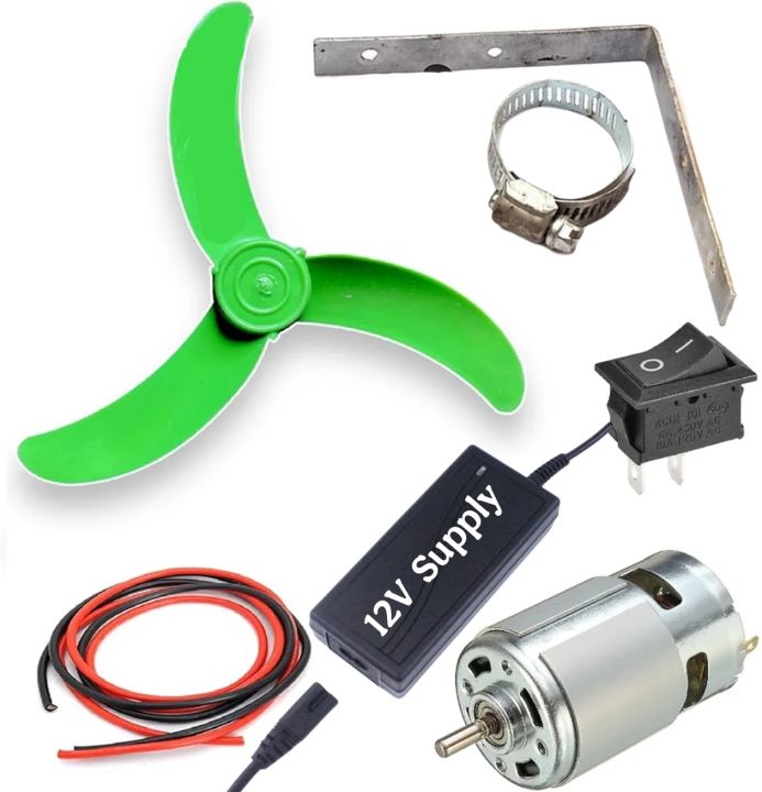 12V DC Motor Fan kit (775 DC Motor +10 inch Fan Blade +1 mtr Wire + Power Supply + Switch + clamp)