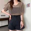 Casual Women Beach Slim Tops O-Neck Summer Sexy Hollow Out Knitting Shirt Women Chic Short Sleeved Knit T-shirt. 