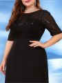 Plus Size Elegant Short Sleeves Sequin Formal Evening Dress Women Chiffon Black Mermaid Bridesmaid Party Maxi Prom. 