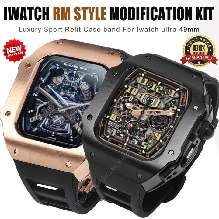 Stainless Steel Modification Kit For Apple Watch 9 8 Ultra 49mm 7 6 5 4 SE 44MM 45MM Case Sport Band iWatch Rubber Refit Mod