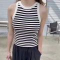 NEW Summer Korean Stripe Knitted Tank Top Women Round Neck Sleeveless Slim Camisole. 