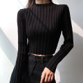 American Retro Stand Collar Solid Color Simple Slim Fit Fashion Short Knitted Long-sleeved Sweater. 