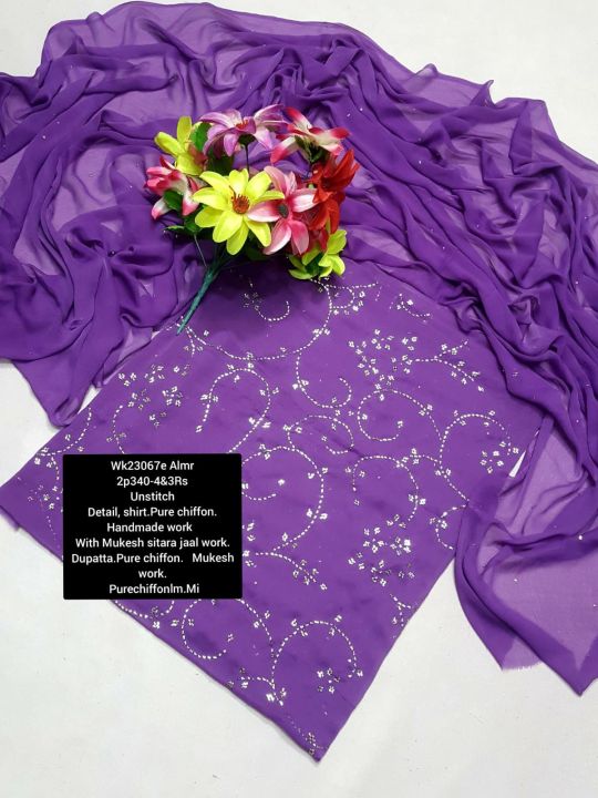 w shirt.Pure chiffon. Handmade work   With Mukesh sitara jaal work. Dupatta.Pure chiffon.   Mukesh work.  Purechiffonlm.Mi