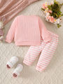 Cute Rabbit Embroidery for Infants and Toddlers, Waffle Sweatshirt, Striped Jogger Pants, Two-Piece Set, Knee Pads, Elastic Waist, Soft and Warm. 