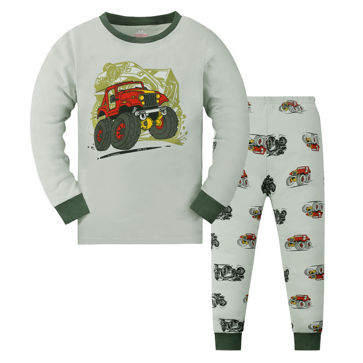 Printed off-road vehicle long-sleeved and long pants pajama set for boys, suitable for boys aged 2 to 9