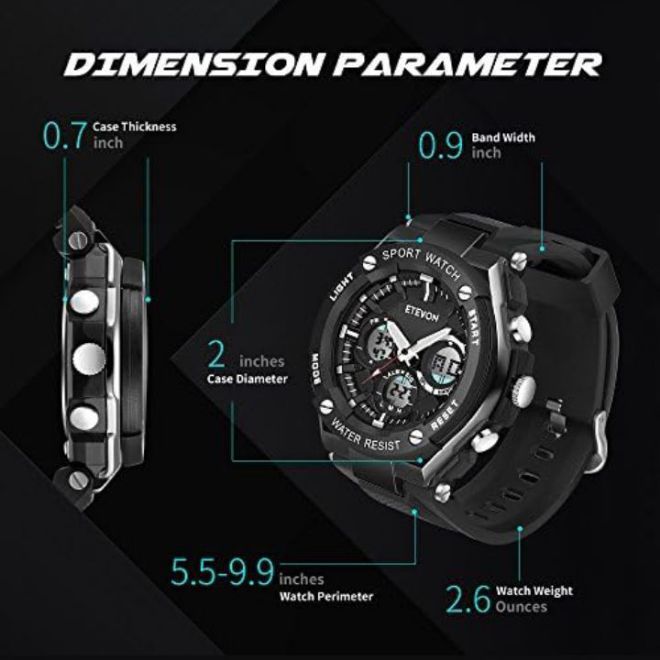 ETEVON Men’s ‘Captain’ Stylish Outdoor Sport Watch with Thicken Silicone Strap - 30m Waterproof - EL Luminous - Multifunction - Dual Time Display - Quartz Analog Digital Wrist Watches for Men - Black
