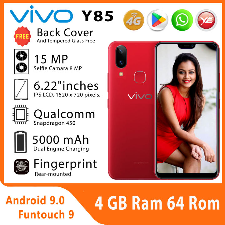 VIVO Y85 Free Tempered Glass And Back Cover Without Box And Charger  4GB RAM + 64GB ROM  6.22 Inch 13MP Dual Camera LTE Battery: 4030mAh