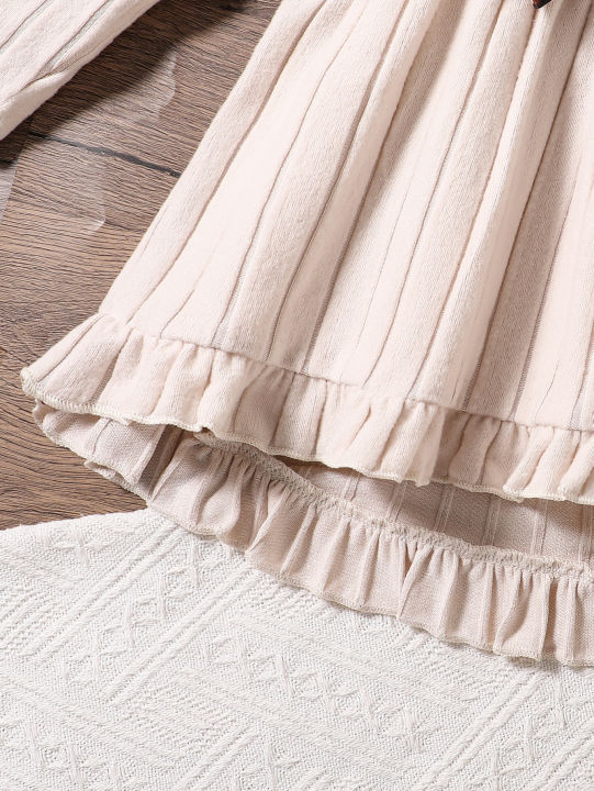 Spring%20Autumn%20Girls%20Cute%20Fashion%20Casual%20Clothing%20Apricot%20Knitted%20Ruffle%20Long%20Sleeve%20Top+Cartoon%20Full%20Print%20Elastic%20Waist%20Casual%20Pants%20Set%20-%20Image%205