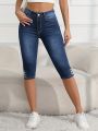 Women Slim-Fit Capri Denim Jeans Button Pockets Zipper Casual Style Denim Pants Fashionable Deep Blue Denim Calf-Length Pants. 