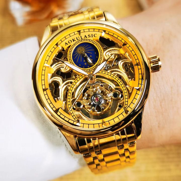 AOKULASIC Vintage Mechanical Watches Gold Tourbillon Moon Phase Skeleton Automatic Watch for Men Luminous Hands Wristwatches