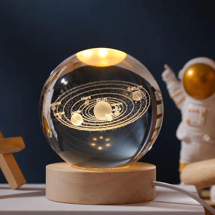 K9 Crystal Solar System Planet Globe 3D Laser Engraved Sun System Ball with Touch Switch LED Light Base Astronomy Gifts