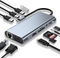 USB C HUB, USB C Adapter 11 in 1 Dongle with 4K HDMI, VGA, Type C PD, USB3.0, RJ45 Ethernet, SD/TF Card Reader, 3.5mm AUX, Docking Station Compatible.