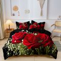 3pcs Romantic Red Rose Print Duvet Cover Bedding Set - Includes 1 Duvet Cover & 2 Pillowcases Perfect For All Seasons. 