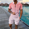 Interesting Men's Short Sleeved Set 3D Checkered Printed Fashionable Zipper Polo Shirt Suit Loose Summer T-shirt Set Ropa Hombre. 