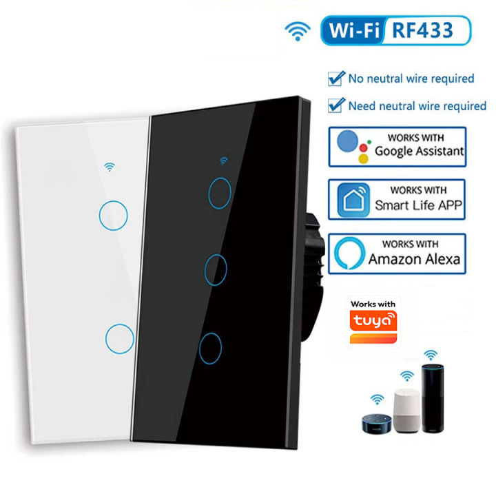Touch Switch Work with Tuya Smart Life App Light WiFi RF433 Smart Switch Remote Control No Neutral Wire For Alexa  Home