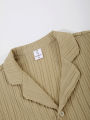 Men's Sophisticated Pleated Set Khaki Textured Cuban Collar Shirt & Elastic Waist Shorts 2 Piece Commute Outfit.