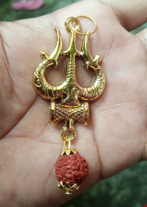 Brass Pendent Trishul Mahakal Locket with Rudraksha, Golden