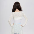 Women Floral Lace Pleated Bow Dance Tops Long Sleeves Pullover Blouses Girls Soft Thin Tulle Casual Tees Yoga Training Crop Top.