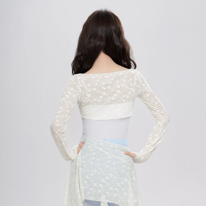 Women%20Floral%20Lace%20Pleated%20Bow%20Dance%20Tops%20Long%20Sleeves%20Pullover%20Blouses%20Girls%20Soft%20Thin%20Tulle%20Casual%20Tees%20Yoga%20Training%20Crop%20Top%20-%20Image%203