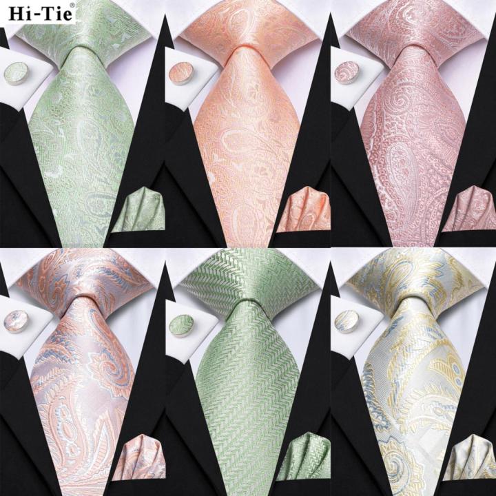Hi-Tie Dusty Pink Paisley Men Fashion Necktie Handkerchief Cufflinks for Tuxedo Accessory Classic Luxury Tie for Man