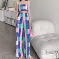 Women high waist wide leg pants fashion strapless plaid shirt two-piece dress cool style color matching exposed navel. 