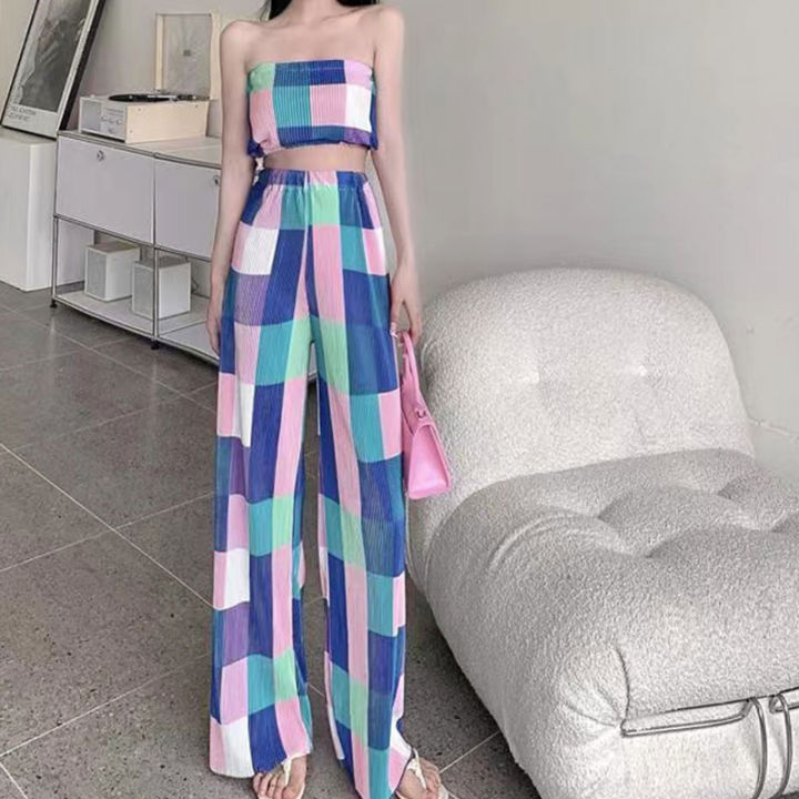 Women%20high%20waist%20wide%20leg%20pants%20fashion%20strapless%20plaid%20shirt%20two-piece%20dress%20cool%20style%20color%20matching%20exposed%20navel%20-%20Image%208