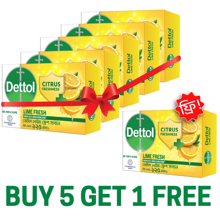 (Buy 5 Get 1 Free) Dettol Lime Fresh Soaps 125gmX5, Get 1 Dettol Lime Fresh Soap (120gm) FREE