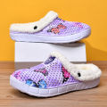 Women's Cotton Slippers Butterfly Pattern Clogs Mules Autumn and Winter Warm Plus Velvet Thickening. 