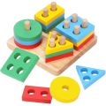 Wooden block puzzle with Triangle circle square shaped block for kids brain development toys game.