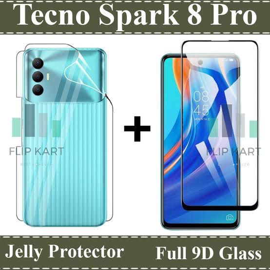 Tecno Spark 8 Pro Tempered Glass HD 9D Curved Glass Protector Edge To Edge  Full Glue + Back Hydrogel Soft Film jell Protector Sheet For Tecno Spark 8  ...