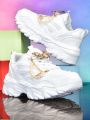 Women's Thick-Soled 5cm Height-Increasing Dad Shoes, Y2K Sweet-Cool Style, with Detachable Gold Butterfly Pearl Chain Decoration, Mesh Breathable Eva Irregular Sole, White Casual Sneakers, Trendy for Everyday Wear, Unique Design, Sweet Girl Style, Vers....