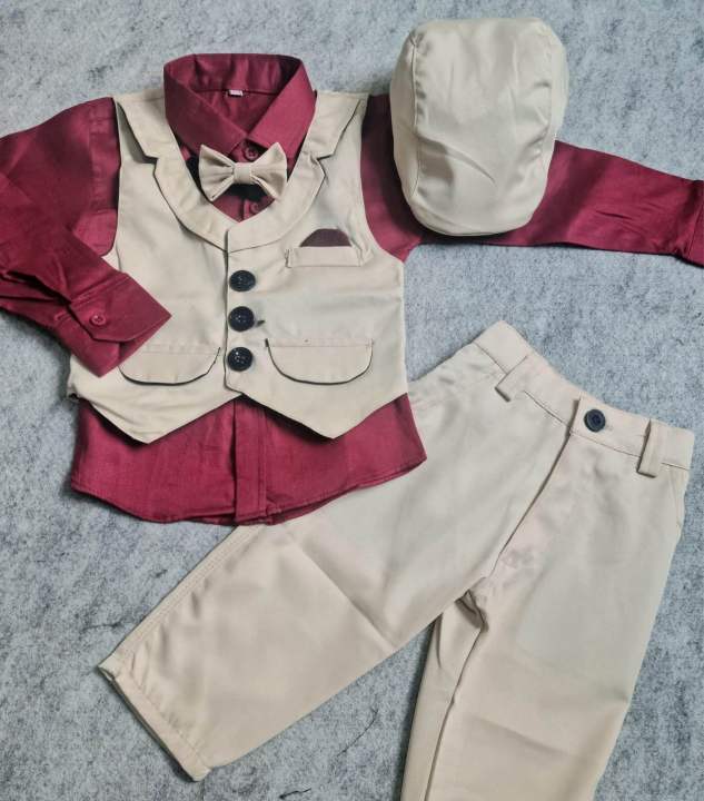 5pcs PARTY DRESS SET FOR KIDS ( full sleeves shirt , full pant , vest/koti and bow tie )