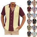 Fashion Business Stripped Splicing Shirt For Men Vintage Casual And Versatile Button Down Bowling Short Sleeve Summer T-Shirt. 